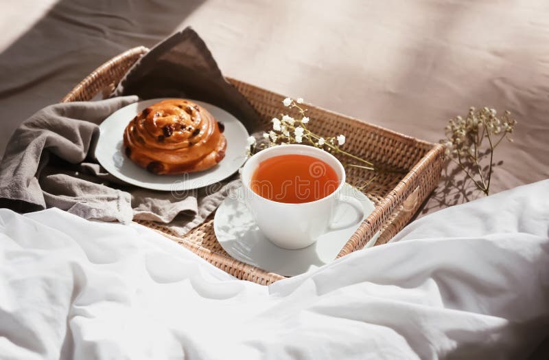 Wicker Tray with Delicious Breakfast on Bed Stock Photo Image of