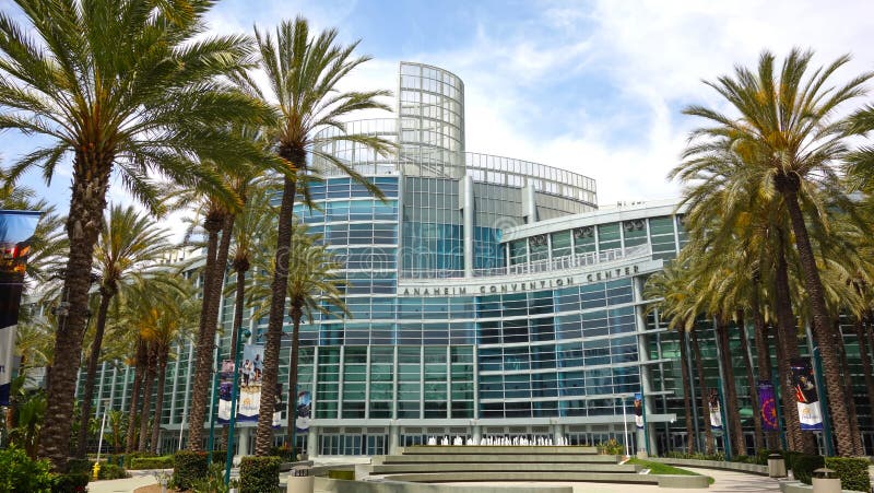 Wide angle of Anaheim Convention Center with beautiful palms stock photo Wide angle of Anaheim Convention Center with beautiful palms stock photo