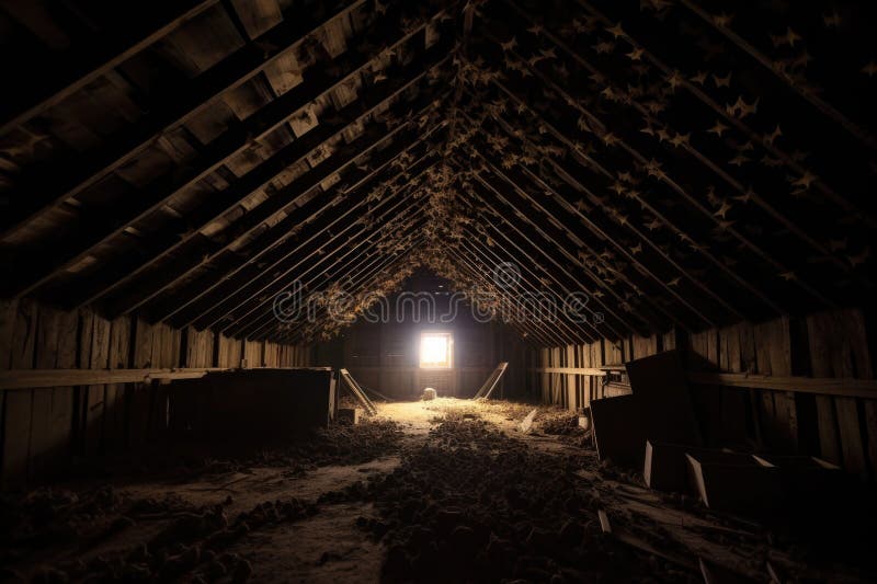 Wide angle of bat colony in dark attic stock illustration