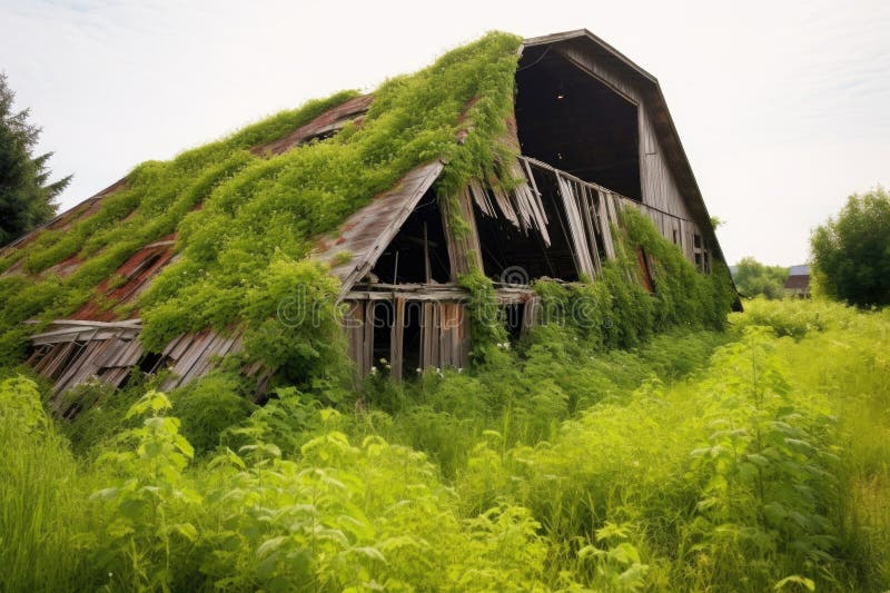 Wide angle of collapsed barn surrounded by greenery vector illustration