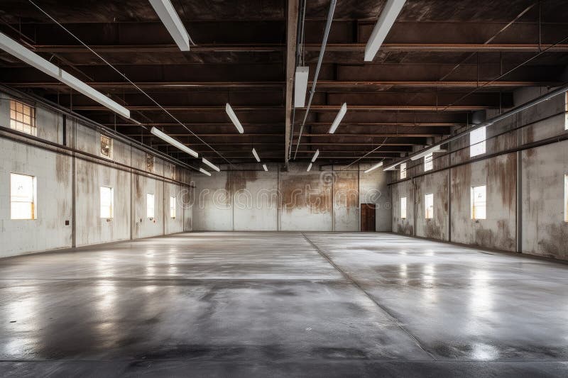 Wide angle of empty warehouse space with concrete floor royalty free illustration