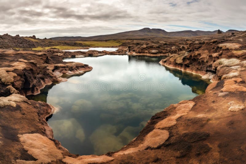 Wide angle of geothermal springs in volcanic terrain royalty free illustration