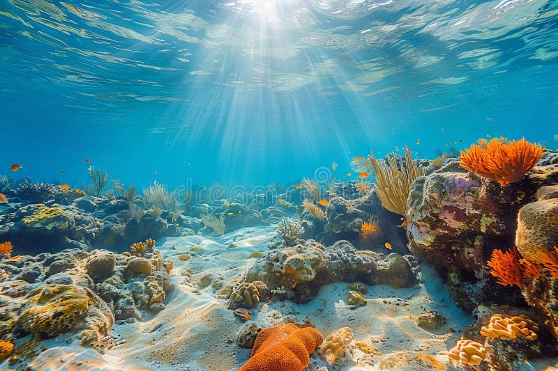 A wide angle photo of the ocean floor, with coral reefs and sunbeams shining through the water surface, taken royalty free illustration