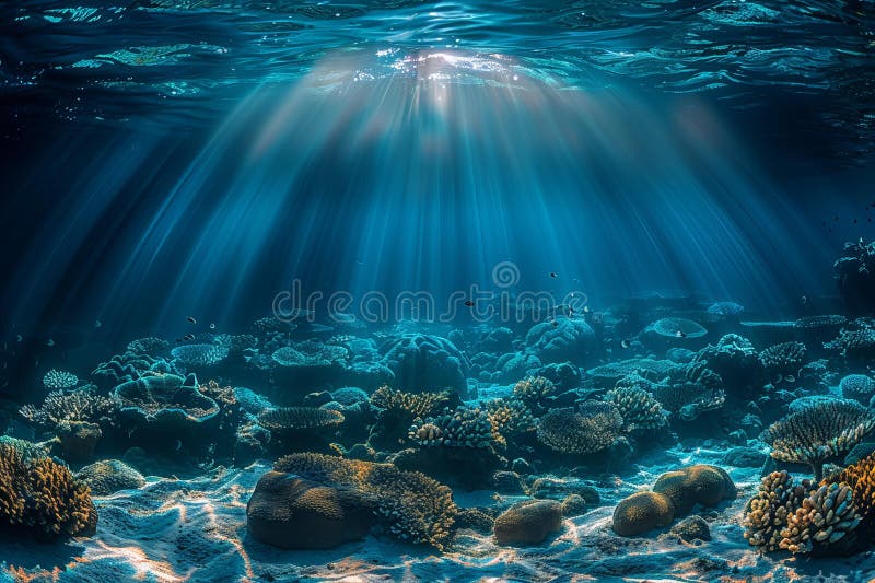 A wide angle photo of the ocean floor, with coral reefs and sunbeams shining through the water surface, taken vector illustration