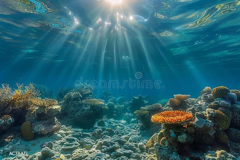 A wide angle photo of the ocean floor, with coral reefs and sunbeams shining through the water surface, taken royalty free illustration