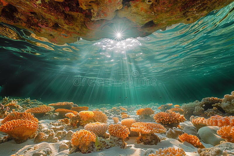 A wide angle photo of the ocean floor, with coral reefs and sunbeams shining through the water surface, taken stock illustration