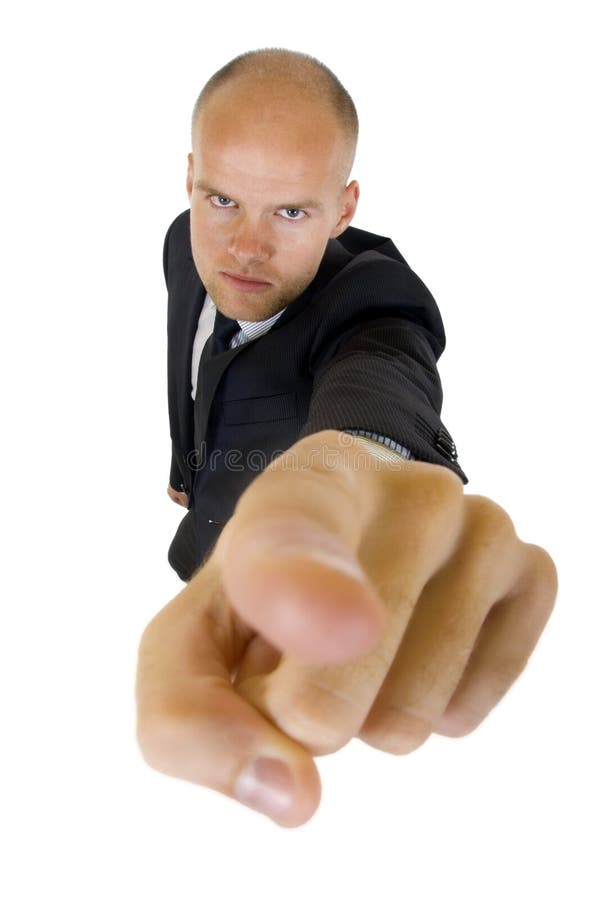 Wide angle picture of a businessman pointing