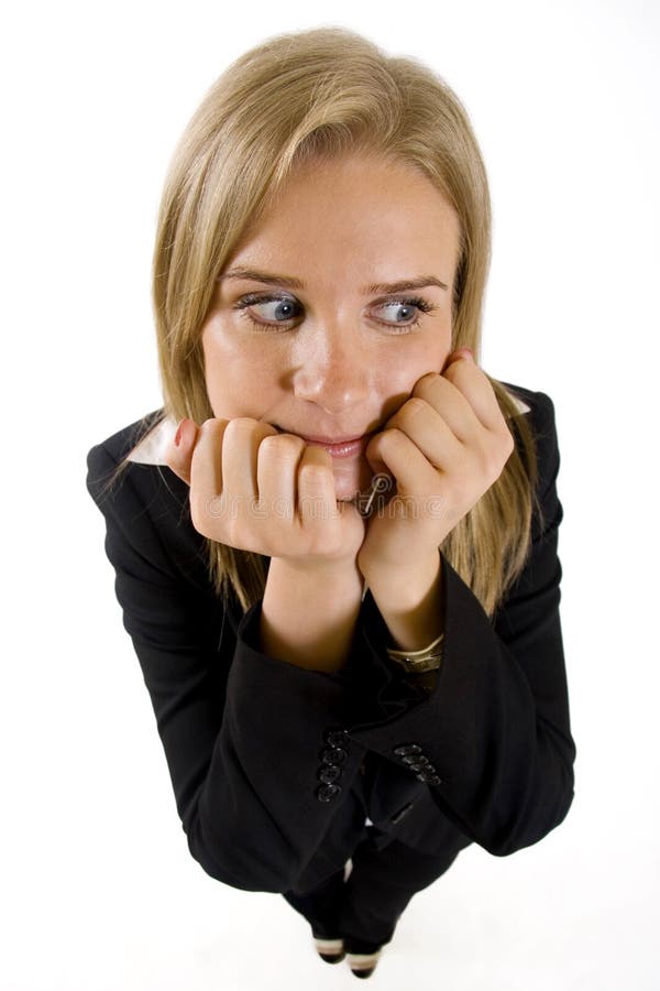 Wide angle picture of worried businesswoman