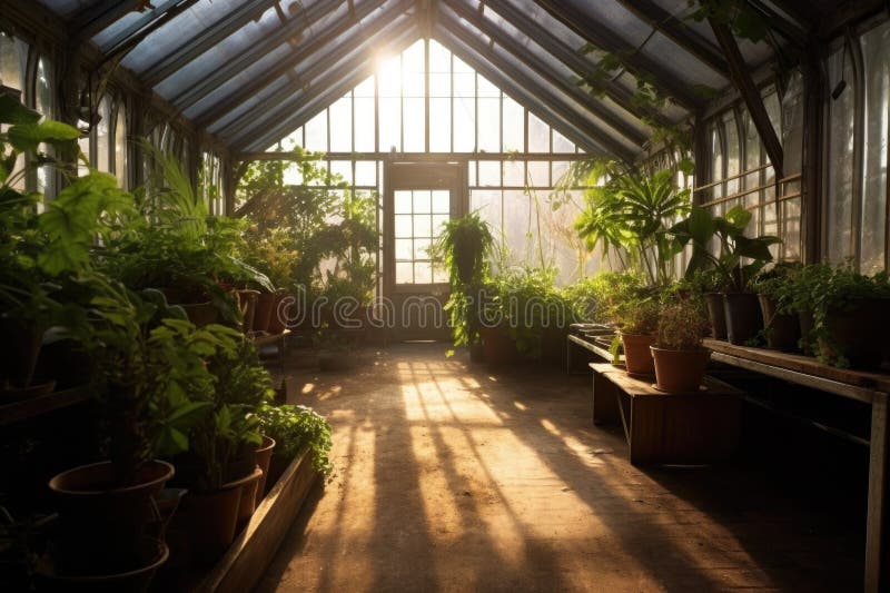 Wide angle of a sparkling clean greenhouse interior vector illustration