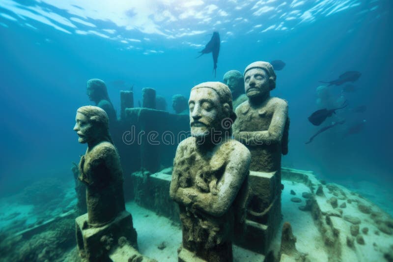 Wide angle of sunken statues in a coral reef stock illustration