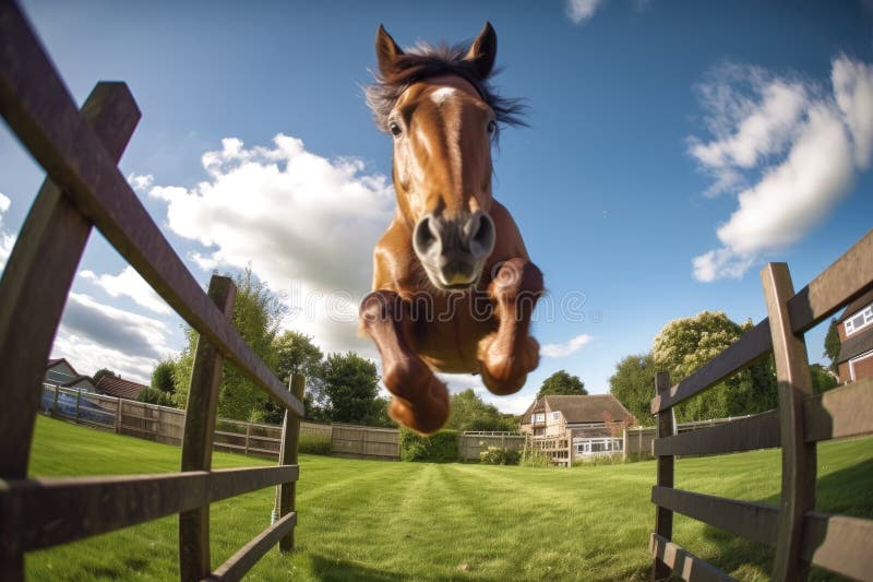 Wide angle view of horse mid-air over a hurdle vector illustration