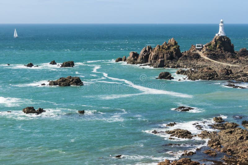 Wide angle view of the lighthouse at La CorbiÃ¨re on Jersey