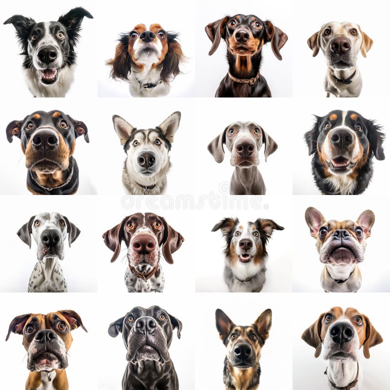 Wideangle View Portraits of Dogs of Different Breeds Stock