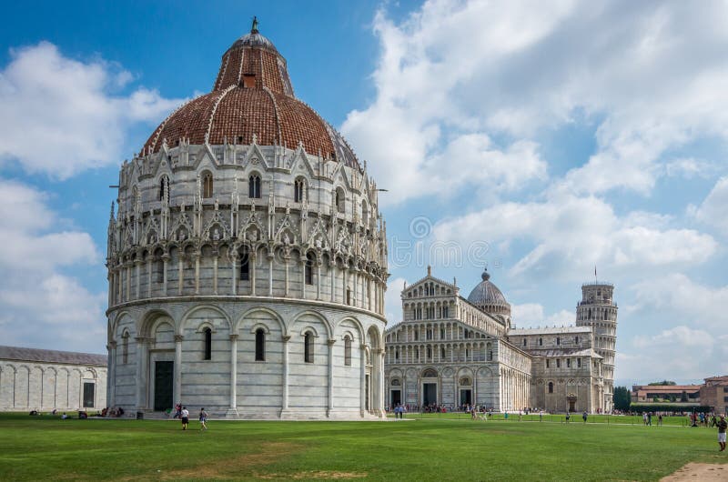 Wide angle view of Romanesque Baptistery of St. John Baptistry at Piazza dei Miracoli Piazza del Duomo popular tourist attraction royalty free stock photos Wide angle view of Romanesque Baptistery of St. John Baptistry at Piazza dei Miracoli Piazza del Duomo popular tourist attraction royalty free stock photos