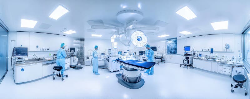 Wide-angle view of a surgical team utilizing advanced robotic technology in a modern operating room setting. A surgical team operates using cutting-edge robotic technology in a state-of-the-art operating room. The scene highlights precision, innovation, and teamwork in modern healthcare practices, showcasing advanced instruments and bright lighting. AI generated