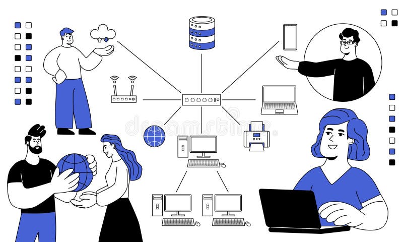 Wide Area Network diagram. Telecommunications network that connects groups of computers over large distances. Technology for royalty free illustration