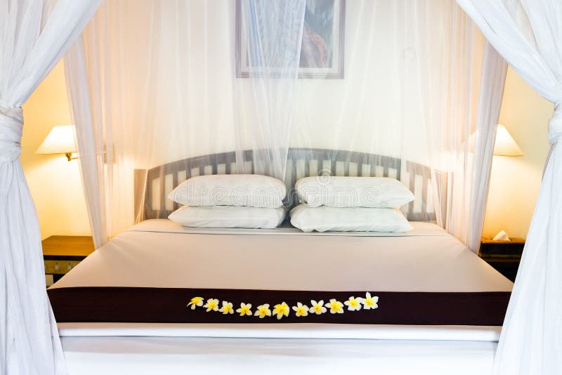 Wide Bed Under Bed Curtains Stock Photo Image of residential, flower