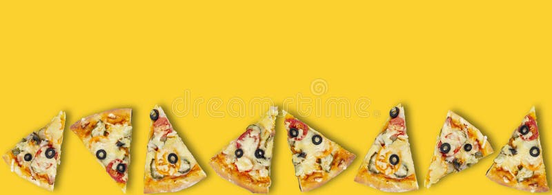 Wide border with slices of pizza on a yellow background. Concept for a banner or flyer for a restaurant or fast food, pizza