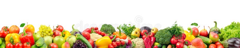 Wide collage of fresh fruits and vegetables for layout isolated