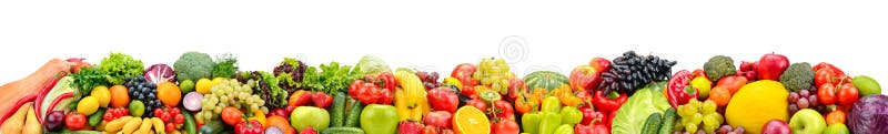 Wide collage of fresh fruits and vegetables for layout isolated on white background