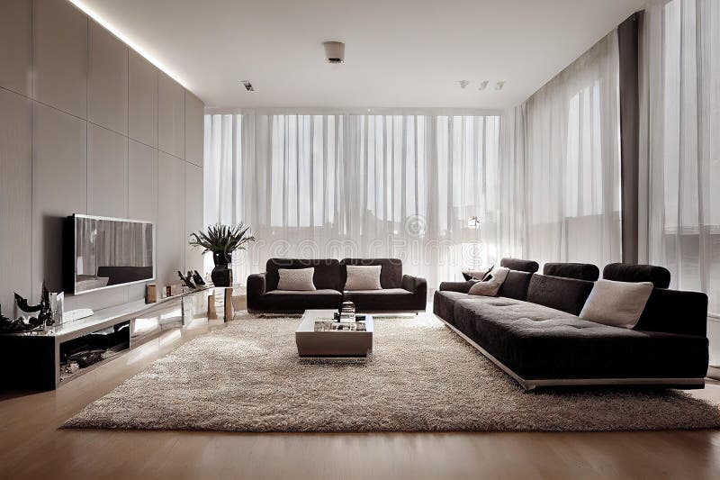 Wide Cozy Sofas in Living Room of Minimalist Style, without People
