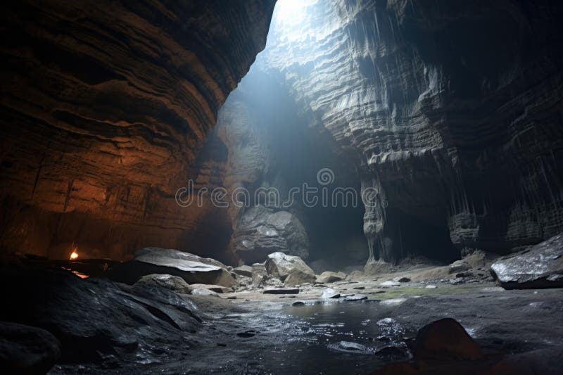 O peșteră cu ecou larg în interiorul unui sistem masiv de peșteri stock photography