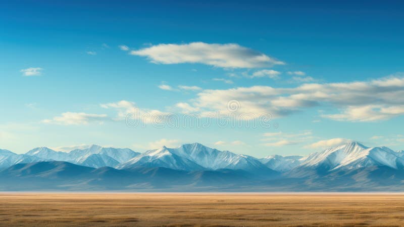 A wide flat field with mountains in the background stock illustration