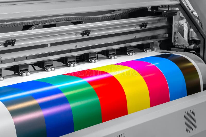 Wide-format inkjet printer, prints color stripes for proofing royalty free stock photo