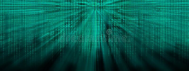 Wide glowing binary code matrix background with rays of light vector illustration