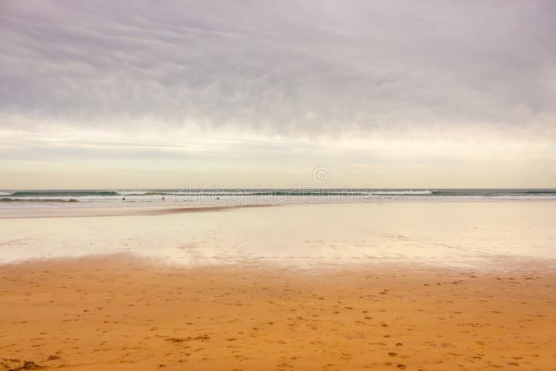 Wide Panoramic Beach with Dramatic Sky, Bay of Biscay. Surf Concept. Idyllic Surfing Day in