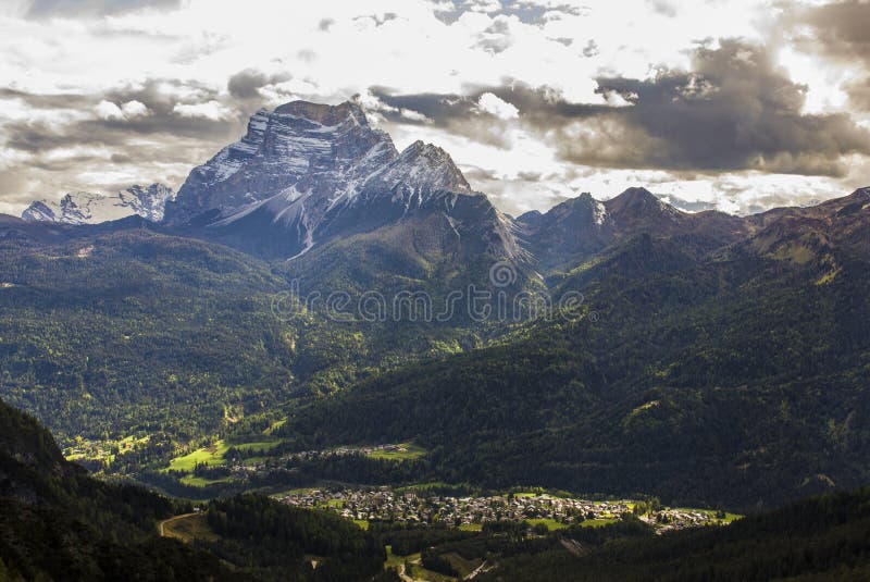 Wide panoramic view of the San Vito di Cadore valley with extensive and beautiful coniferous forests and the majestic Mount Pelmo