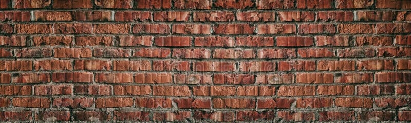 Wide red brick wall texture. Old rough orange brickwork widescreen backdrop. Grunge panoramic large background