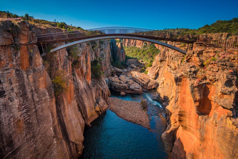 A wide shot of the river gorge and a high bridge at Bourkeâ€™s L