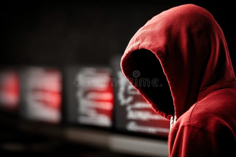 Wide View of Anonymous Figure in Red Hoodie Facing Multiple Computer Screens with Code Display royalty free stock photography