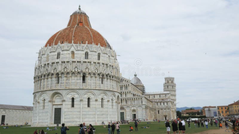 Wide view of the famous baptistry and leaning tower, Pisa