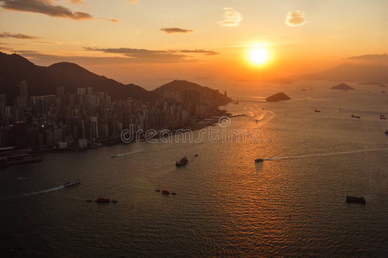 View on Victoria Harbor in Hong Kong at Sunset Stock Image - Image of