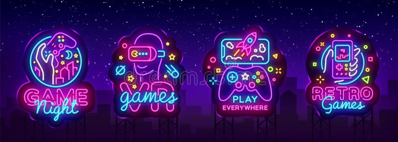 Wideo gier logów neonowego znaka projekta inkasowy Wektorowy szablon Konceptualne Vr gry, Retro Gemowy noc logo w neonowym stylu ilustracji Wideo gier logów neonowego znaka projekta inkasowy Wektorowy szablon Konceptualne Vr gry, Retro Gemowy noc logo w neonowym stylu ilustracji