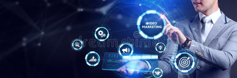 Wideo marketing i reklama na ekranie. koncepcja internetu i sieci dla technologii biznesowych ilustracja wektor