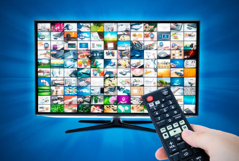 Widescreen high definition TV screen with video gallery. Remote royalty free stock image