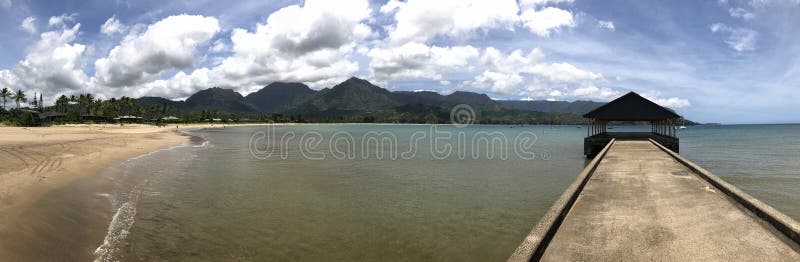 Widescreen Panorama View of Hanalei Pier and Bay, Kauai, Hawaii, USA royalty free stock images Widescreen Panorama View of Hanalei Pier and Bay, Kauai, Hawaii, USA royalty free stock images