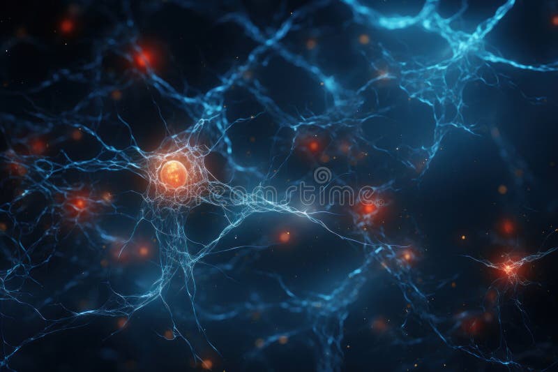 Widok bliski tętniącego życiem neuronu z dendrytami i innymi neuronami ilustracji