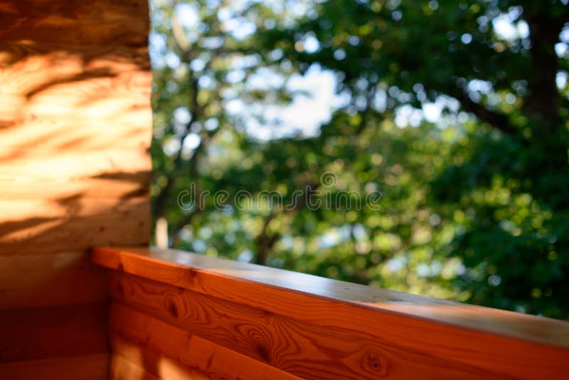 Widok las i drzewa od drewnianego balkonu Drewniany balkonowy natura widok lato las zdjęcie stock Widok las i drzewa od drewnianego balkonu Drewniany balkonowy natura widok lato las zdjęcie stock