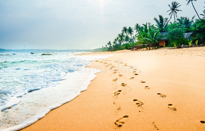 Widok na foodprints przy tropikalny plażowym Tangalle, Sri Lanka następnie - fotografia stock Widok na foodprints przy tropikalny plażowym Tangalle, Sri Lanka następnie - fotografia stock