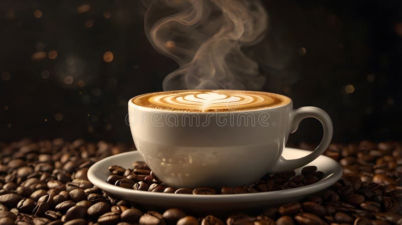 Widok na gorące gorące miejsca sztuki latte aromatycznej na łóżku palonej ziaren kawy. Selektywny zespół ilustracji