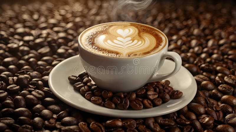 Widok na gorące gorące miejsca sztuki latte aromatycznej na łóżku palonej ziaren kawy. Selektywny zespół ilustracji