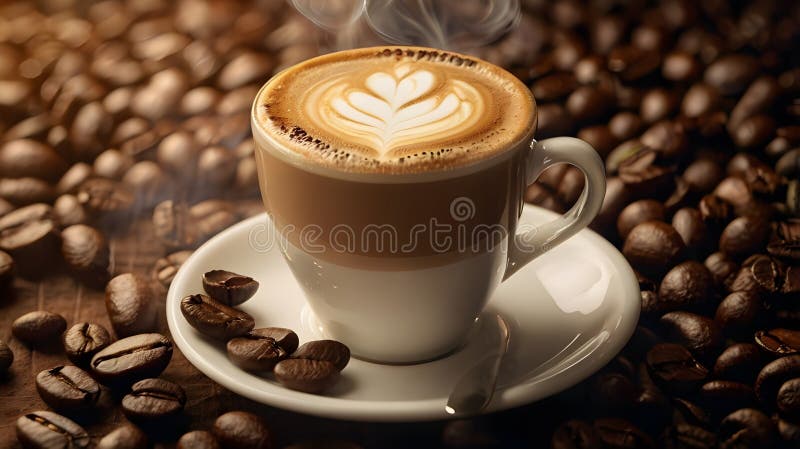 Widok na gorące gorące miejsca sztuki latte aromatycznej na łóżku palonej ziaren kawy. Selektywny zespół ilustracji
