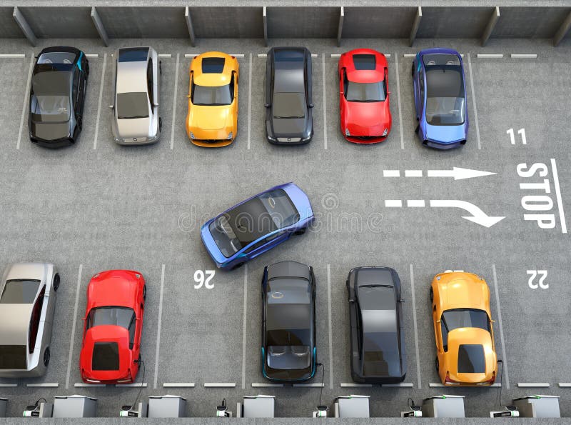 Widok na parkingu powietrznej partii Połówka dostępna dla EV ładuje usługa parking ilustracja wektor
