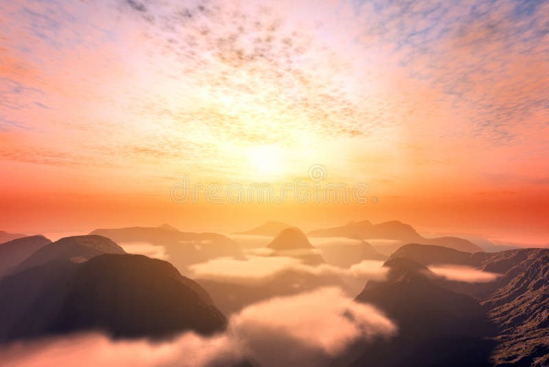 Widok od above chmur na górach i zmierzchu niebie fotografia stock