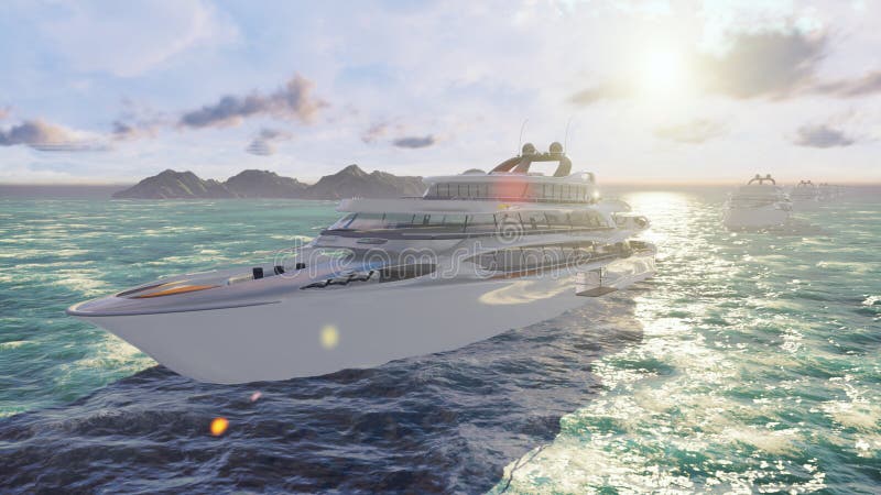 Widok od powietrza na luksusowego szybkościowego oceanu łódkowatym żeglowaniu świadczenia 3 d ilustracji Widok od powietrza na luksusowego szybkościowego oceanu łódkowatym żeglowaniu świadczenia 3 d ilustracji
