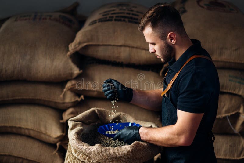 Widok z boku człowieka, który wlewa kawę z torby do miski w celu degustacji, na tle magazynu